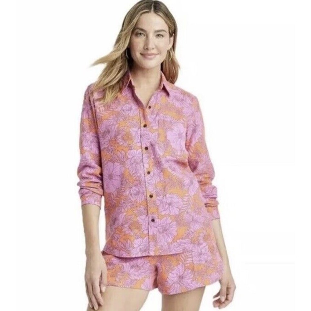 Universal Thread Orange And Pink Womens Floral Button Down XL